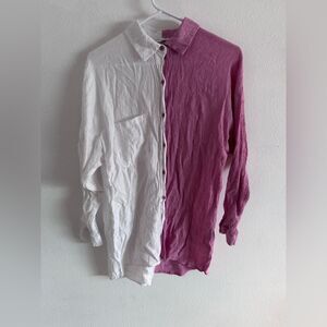 Cloud Ten Color Block Gauzy Two Tone Button Down Blouse Pink & white Small 90s